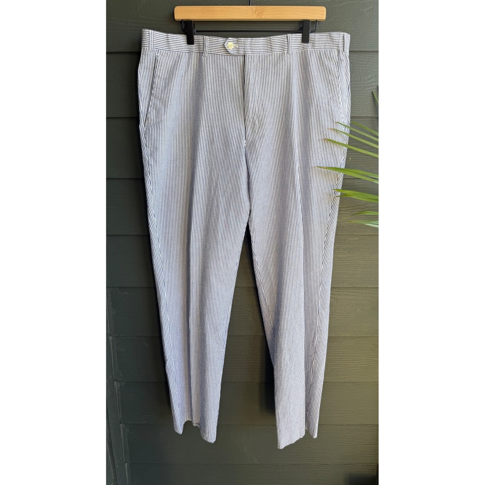 Alan Flusser Seersucker Cotton Dress Pants Blue White Stripe 40x32 - Picture 2 of 8